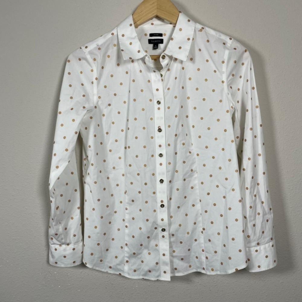 Talbots Button Up Shirt Women 6 White Gold Polka Dot Classic Non-Iron Cotton
